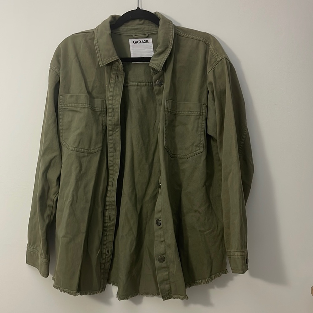 Garage Olive Green Denim Shacket in size S